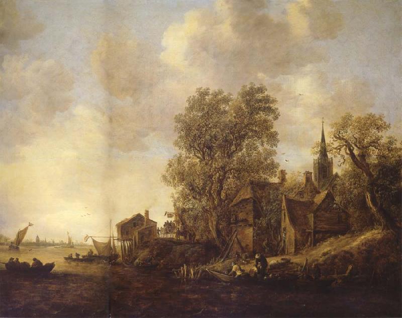 REMBRANDT Harmenszoon van Rijn View of a Town on a River oil painting picture